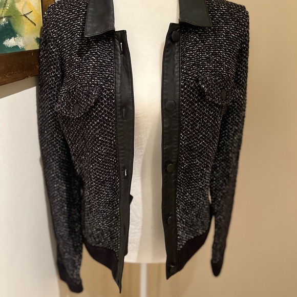Rag & Bone button up black and white knit jacket with leather collar and cuffs - Picture 12 of 13
